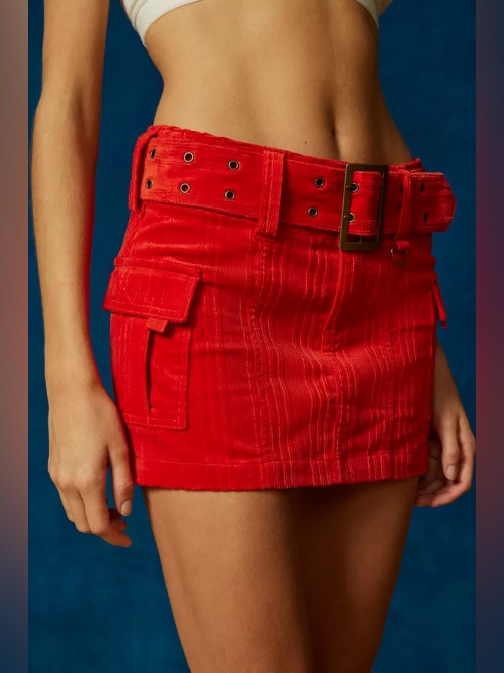 NEW UO Joan Corduroy Y2K Cargo Belted Mini Skirt Red XS